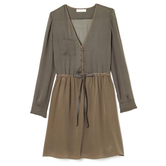 Chloe Dresses & Skirts - Chloe Sheer Olive Green 100% Silk V-neck Drop Waist Dress Gold Buttons FR40/US 8